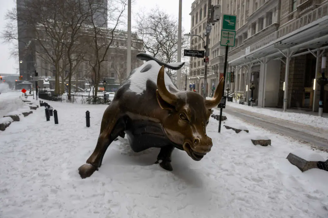 The Wall Street Bull seen as snow falls in the Financial District on January 25, 2026 in New York City.