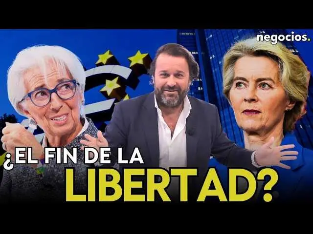 Captura del v&iacute;deo de Negocios TV donde se expone el plan para implementar el euro digital y el fin del efectivo en Europa.<br>                        <br>                        <br>                        <br>                      