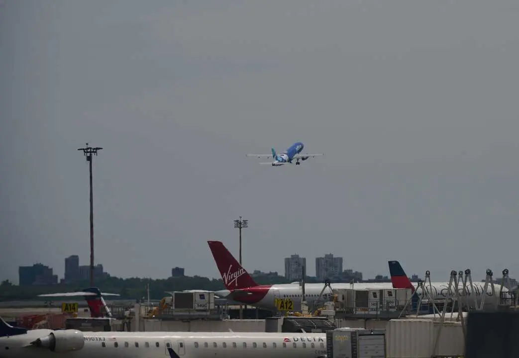 July 2, 2025, New York, New York, USA: A JetBlue plane takes off from the Terminal 5 runway at JFK Airport.,Image: 1018146404, License: Rights-managed, Restrictions: , Model Release: no, Credit line: Edna Leshowitz / Zuma Press / ContactoPhoto