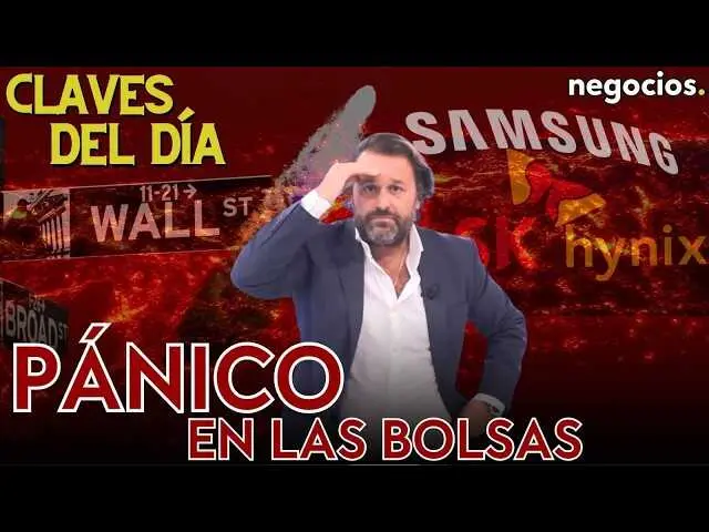 Captura de pantalla del video con gr&aacute;fico de ca&iacute;da en los &iacute;ndices burs&aacute;tiles, resaltando la crisis financiera global reflejada en los mercados asi&aacute;ticos y estadounidenses.<br>                        <br>                        <br>                        <br>                      