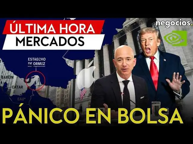 Captura del v&iacute;deo de Negocios TV mostrando el desplome del Dow Jones en pantalla y la imagen miniatura con Donald Trump y s&iacute;mbolos del conflicto en el Estrecho de Ormuz.<br>                        <br>                        <br>                        <br>                      