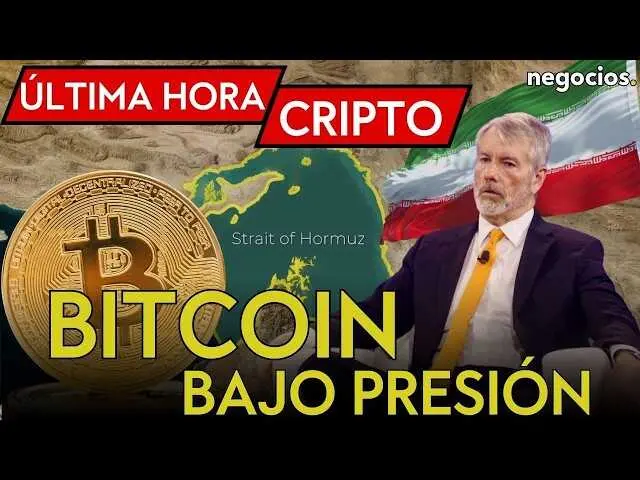 Gr&aacute;fico ilustrativo de la volatilidad del Bitcoin con fondo del estrecho de Ormuz y retrato de Michael Saylor.<br>                        <br>                        <br>                        <br>                      