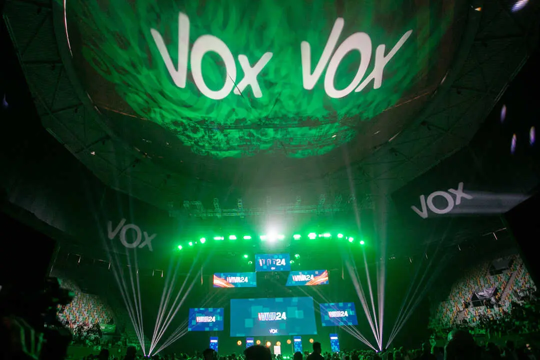 Panoramic view of the Europa Viva 2024 event organized by the Spanish political party VOX at the Vistalegre palace in Madrid and in which various figures from the international far-right participated.