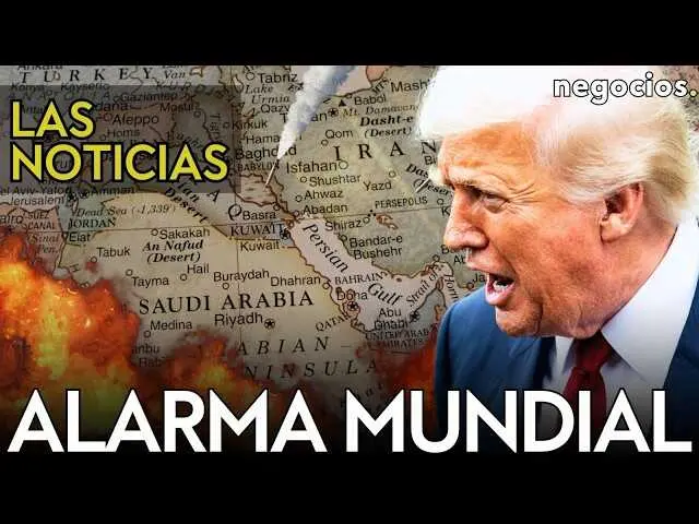 Imagen oficial del v&iacute;deo de Negocios TV mostrando un mapa del Oriente Medio con indicadores de alerta m&aacute;xima.<br>                        <br>                        <br>                        <br>                      