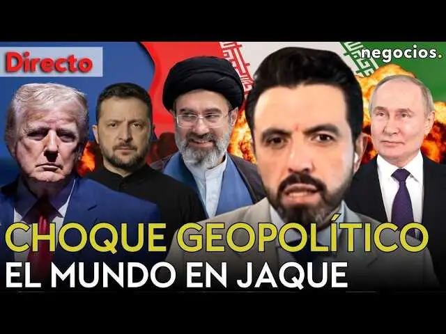 Captura oficial del v&iacute;deo 'Directo Choque Geopol&iacute;tico' con im&aacute;genes del conflicto en Oriente Medio y la alianza Trump-Zelenski.<br>                        <br>                        <br>                        <br>                      