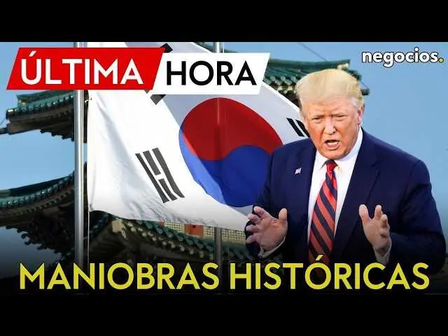 Imagen del v&iacute;deo con el logo de Negocios TV y un mapa de la pen&iacute;nsula coreana al fondo, relacionados con las maniobras militares conjuntas.<br>                        <br>                        <br>                        <br>                      