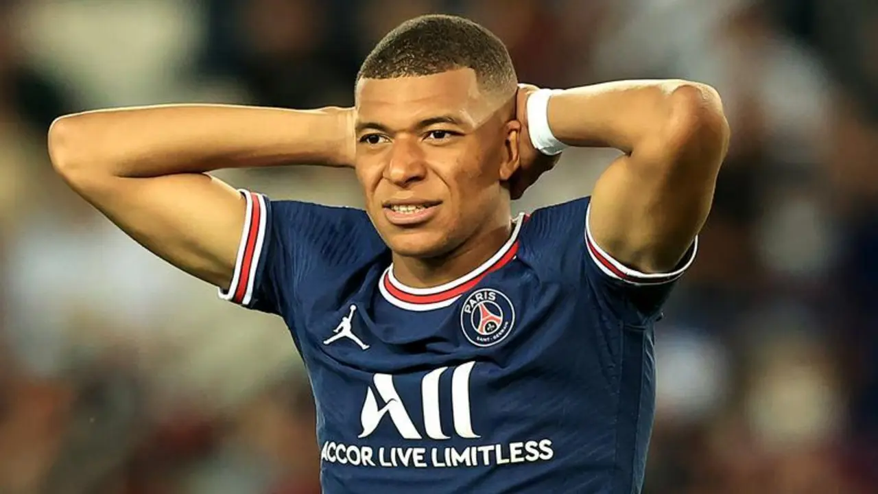 PARIS, FRANCE - AUGUST 14:  Kylian Mbappe of Paris Saint- Germain looks on during the Ligue 1 Uber Eats match between Paris Saint Germain and Strasbourg at Parc des Princes on August 14, 2021 in Paris, France. (Photo by David Rogers/Getty Images)