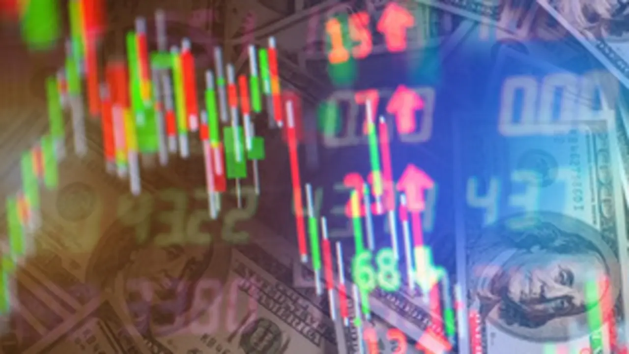 Double exposure of stock market in tablet with money and chart.