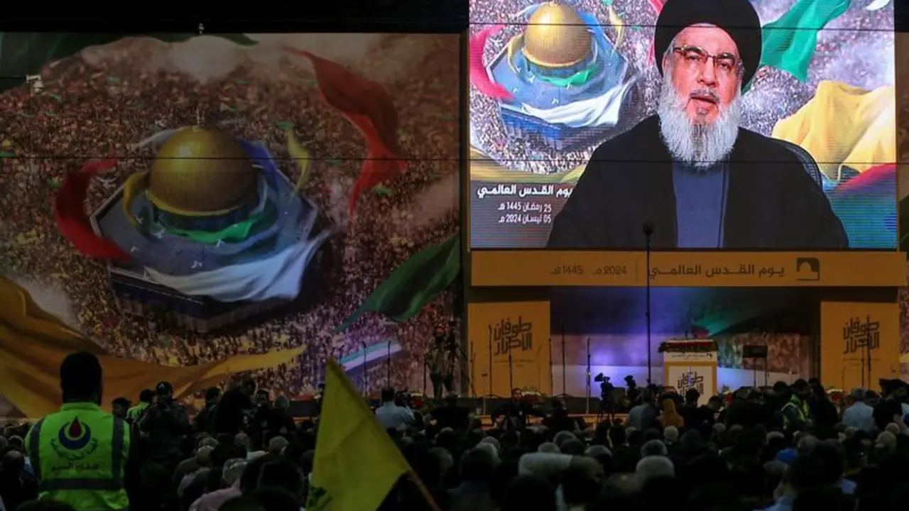 El líder del partido-milicia chií Hezbolá, Hasán Nasralá, durante un discurso televisado en el sur de Beirut (archivo)
Europa Press/Contacto/Marwan Naamani
(Foto de ARCHIVO)
05/4/2024