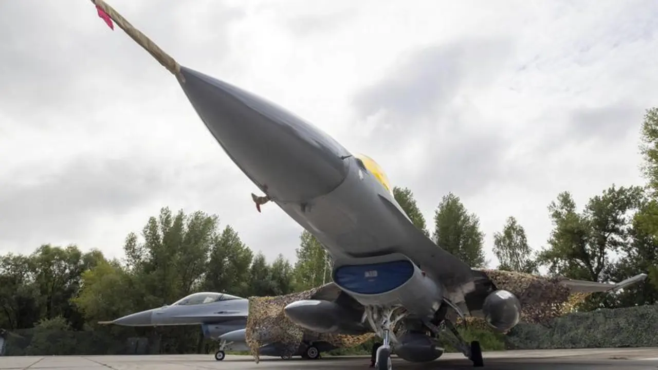 August 4, 2024, Kyiv, Kiev Oblast, Ukraine: Two of the newly delivered Ukrainian Air Force F-16 combat aircraft on display during a celebration of Air Force Day, August 4, 2024 at an Undisclosed Location in Ukraine. During the event Zelenskyy unveiled the first group of Lockheed Martin F-16 Fighting Falcon aircraft.,Image: 899962829, License: Rights-managed, Restrictions: , Model Release: no, Credit line: Ukraine Presidency/Ukrainian Pre / Zuma Press / ContactoPhoto