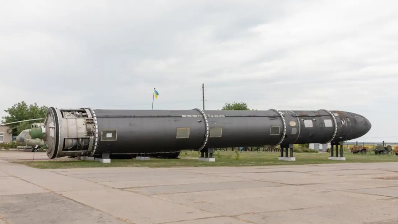 July 3, 2024, Mykolaiv, Ukraine: Intercontinental ballistic missile SS-18 Mod 5 (NATO reporting name: Satan) is seen in the museum of strategic missile forces After the dissolution of the Soviet Union, Ukraine held about one-third of the Soviet nuclear arsenal, the third largest in the world at the time, as well as significant means of its design and production. In 1994 Ukraine agreed to destroy the weapons and to join the Treaty on the Non-Proliferation of Nuclear Weapons (NPT). One of the former Unified Command Posts was converted into the Strategic Missile Forces Museum and is now part of the National Military History Museum in Kyiv..The museum represents a launching position with a shaft launcher, an underground command post, and above-ground service facilities. The Museum of Strategic Missile Forces is located in Mykolaiv region. During the Soviet period, this missile base was off-limits to the public and was managed by the 46th Red Flag Division of the Nijniodniprovska Missile Order of the October Revolution.,Image: 888276312, License: Rights-managed, Restrictions: , Model Release: no, Credit line: Mykhaylo Palinchak / Zuma Press / ContactoPhoto