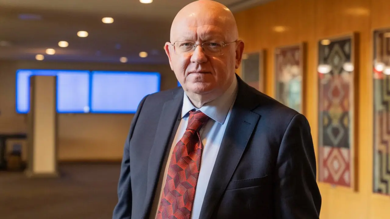 Russian Ambassador Vassily Nebenzia passing through photo exhibition on Holocaust at UN Headquarters in New York on January 27, 2025
