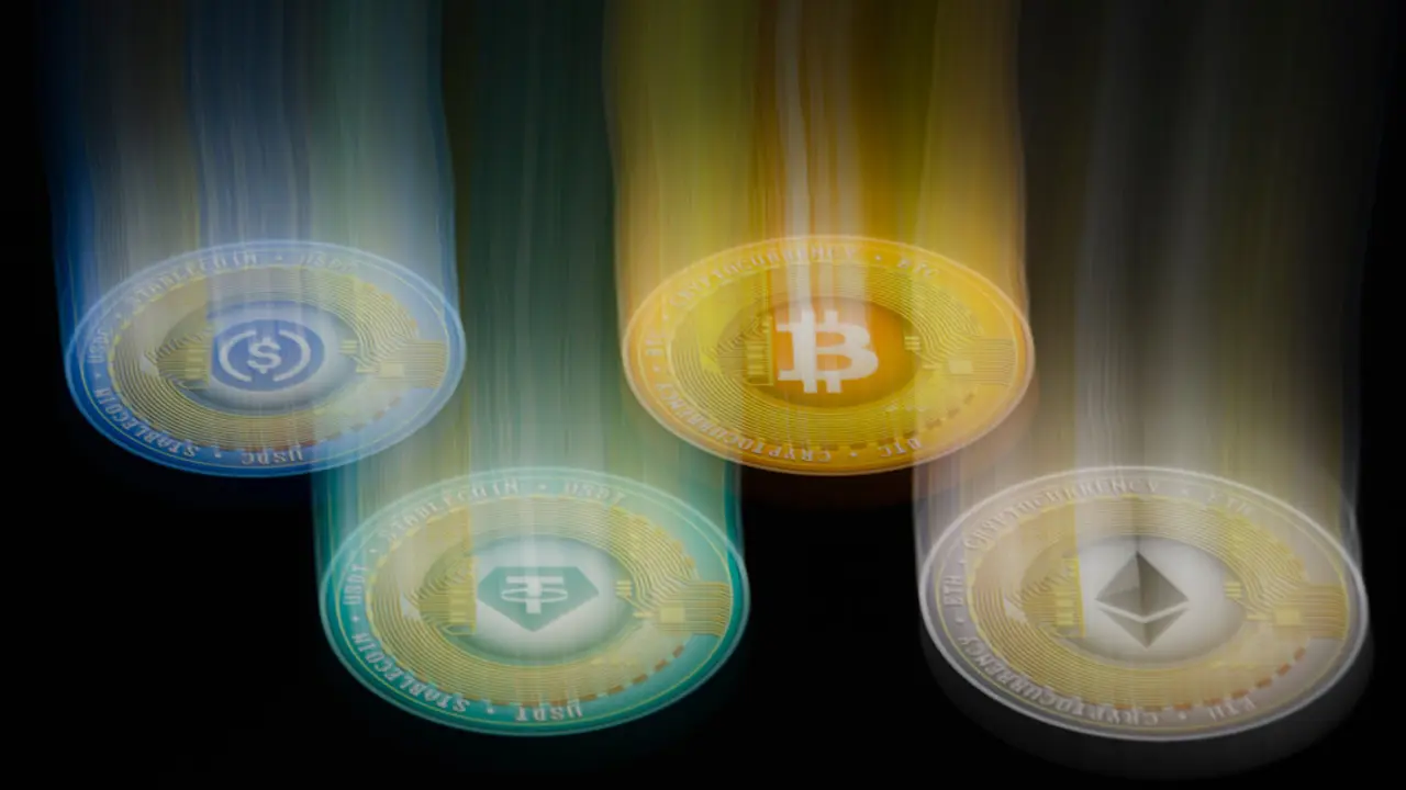 Visual representation of stablecoin cryptocurrency Circle's USD Coin (USDC), Tether (USDT); cryptocurrency Bitcoin (BTC) and Ethereum's ether (ETH) displayed on a smartphone.