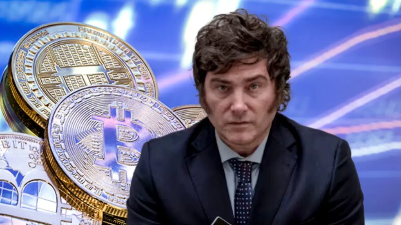 Milei y criptomoneda. Fotomontaje.