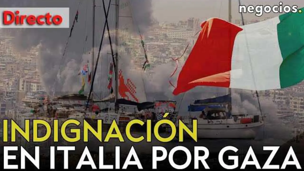 Imagen de una manifestación en Italia con la multitud protestando en las calles, muchas banderas y muestras de solidaridad con Gaza.<br>                        <br>                        <br>                        <br>                      