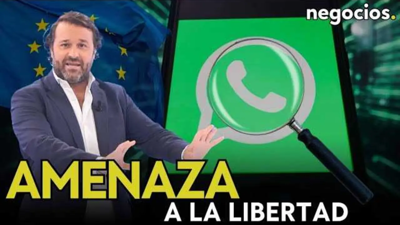 Captura del vídeo de Negocios TV mostrando un gráfico que ilustra la vigilancia digital en la UE, con un enfoque en la temática del Chat Control y la privacidad en línea.<br>                        <br>                        <br>                        <br>                      