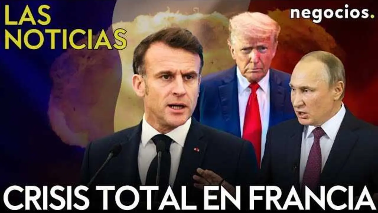 Captura del vídeo de Negocios TV que ilustra las noticias sobre las tensiones internacionales, con imágenes relevantes de Trump, Putin y París en situación de crisis política.<br>                        <br>                        <br>                        <br>                      