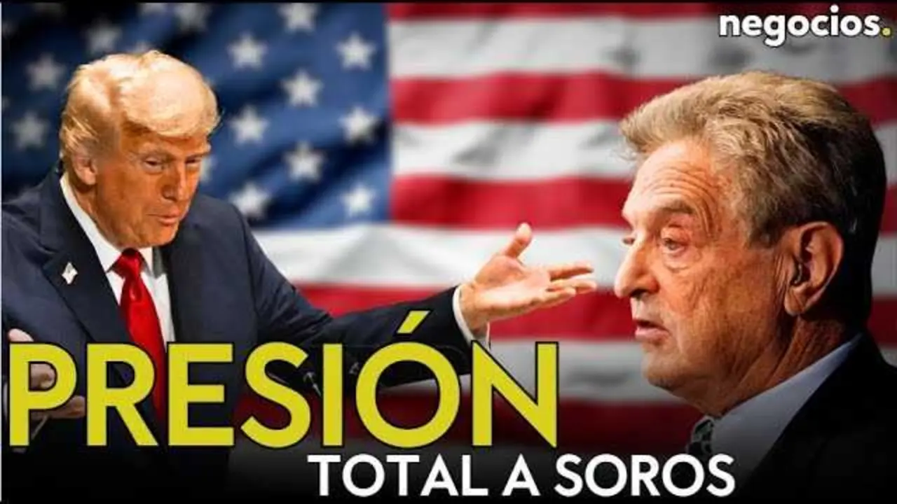 Captura del vídeo donde se observa a Donald Trump en un escenario con un fondo que refleja su discurso contra las ONG y Soros, en un tono profundo y polémico.<br>                        <br>                        <br>                        <br>                      