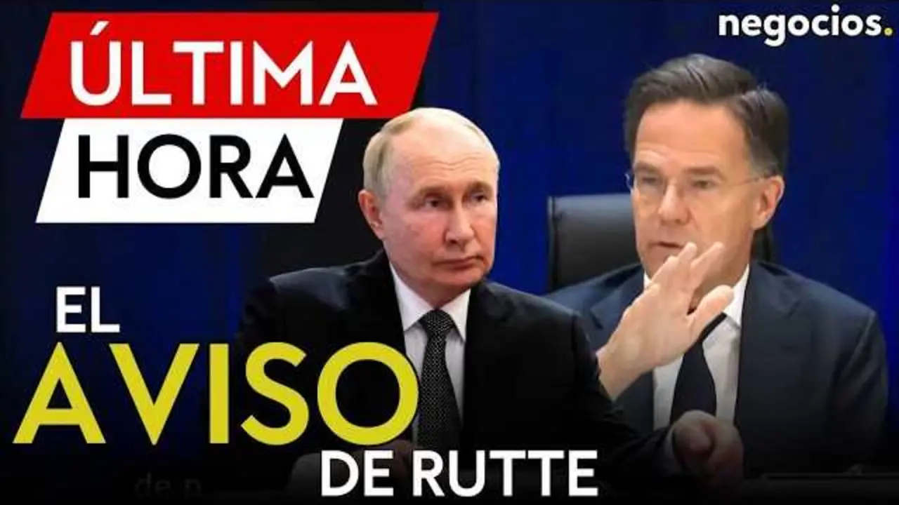 Mark Rutte en conferencia de prensa, con gráficos de defensa y referencias a la OTAN de fondo.<br>                        <br>                        <br>                        <br>                      