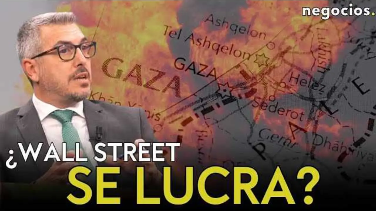 Imagen del vídeo de Negocios TV sobre la influencia de Wall Street en la reconstrucción de Gaza, con logotipos de BlackRock y Goldman Sachs de fondo.<br>                        <br>                        <br>                        <br>                      