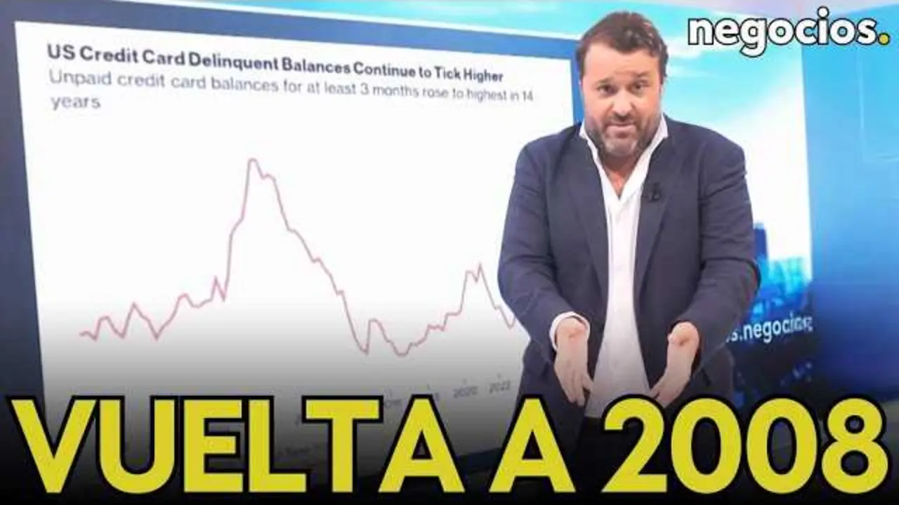 Gráfico que muestra el aumento de moras en tarjetas de crédito en Estados Unidos, comparado con los niveles registrados durante la crisis financiera de 2008.<br>                        <br>                        <br>                        <br>                      