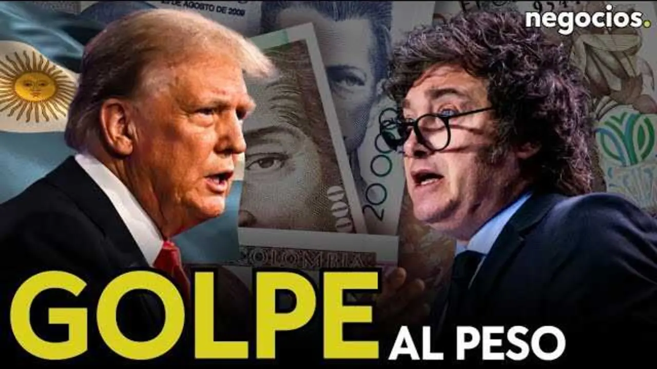 Gráfica del peso argentino con tendencia a la baja junto a una foto de Javier Milei y el logo de Negocios TV<br>                        <br>                        <br>                        <br>                      