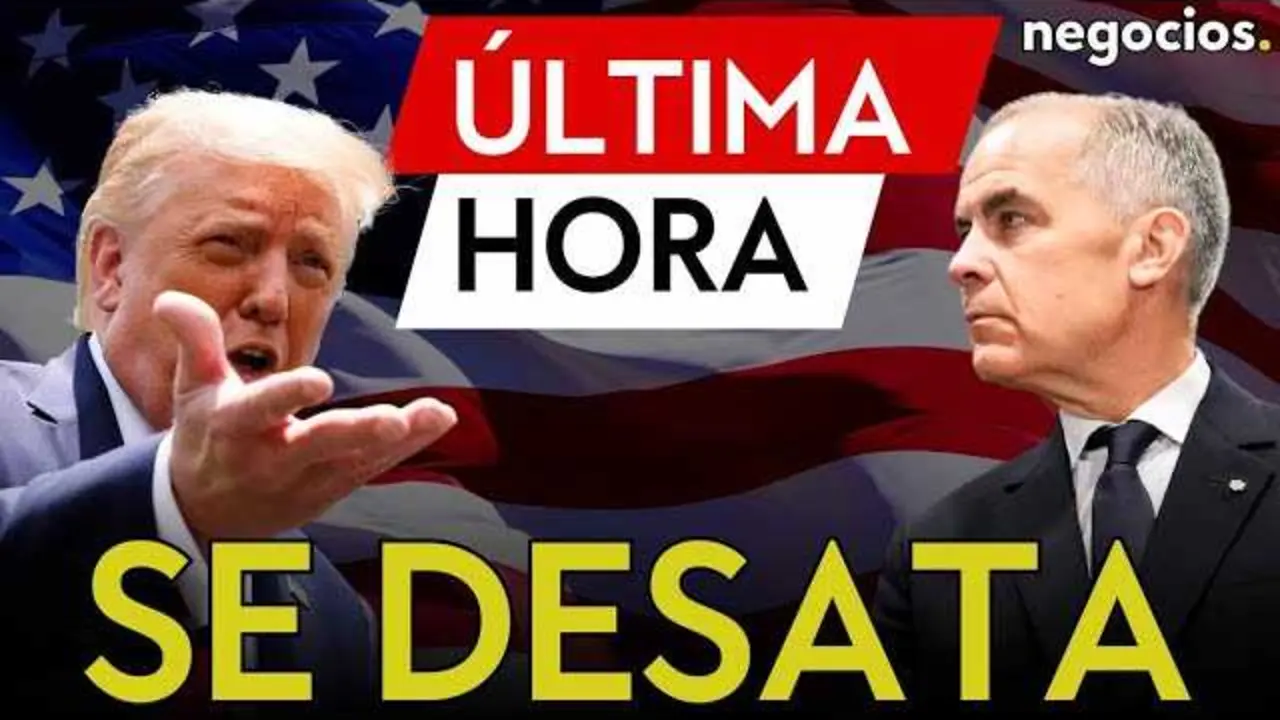 Donald Trump y el mapa de América del Norte sobre fondo de símbolos comerciales representando la tensión entre EE.UU. y Canadá.<br>                        <br>                        <br>                        <br>                      