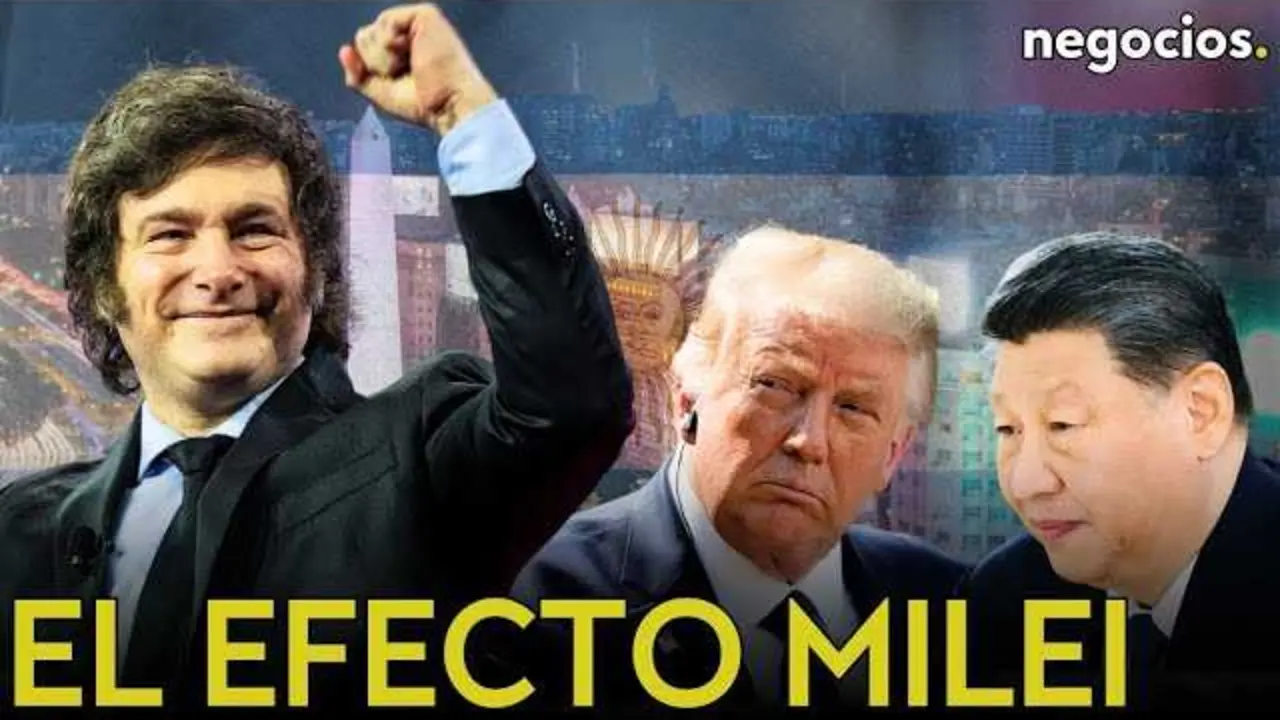 Pantallazo del vídeo de Negocios TV donde se analiza la victoria de Javier Milei y su impacto en la economía global.<br>                        <br>                        <br>                        <br>                      