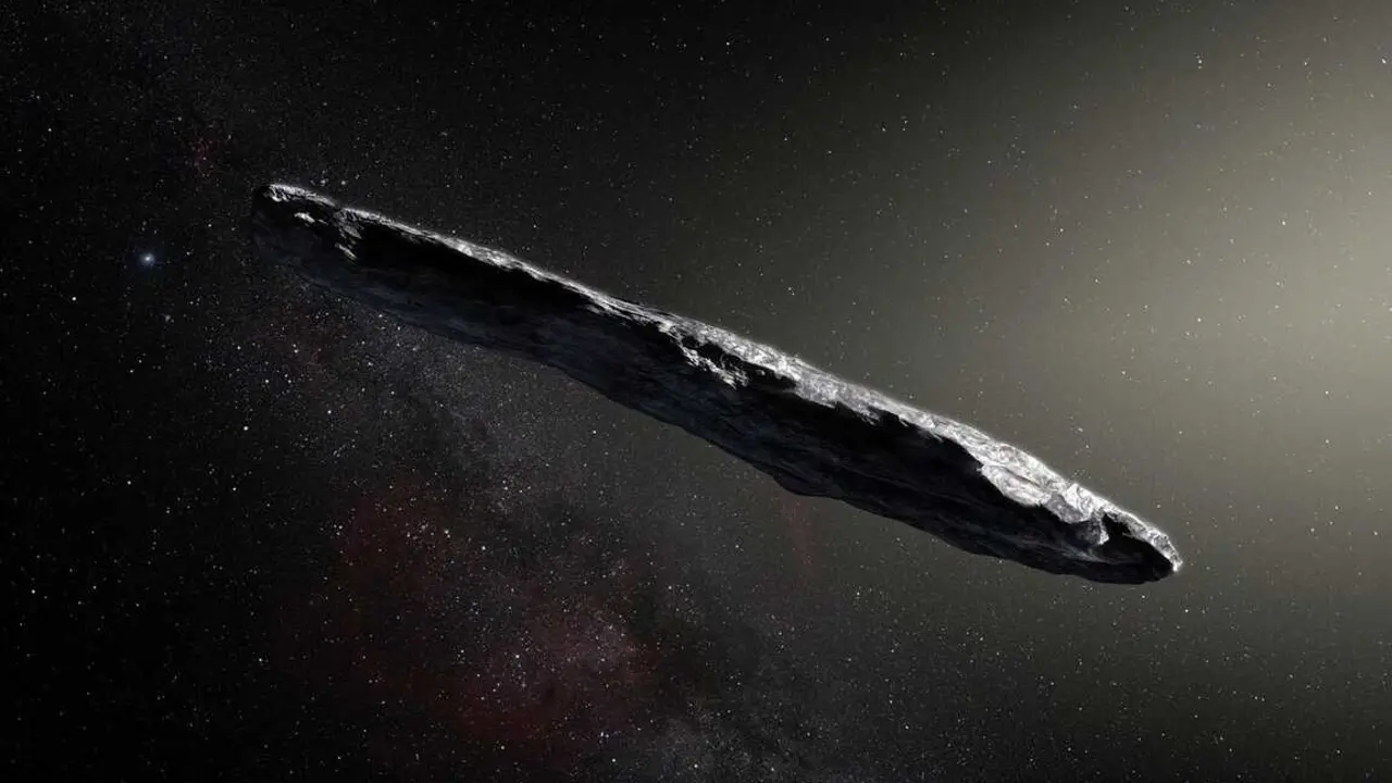 This artist’s impression shows the first interstellar asteroid: `Oumuamua. This unique object was discovered on 19 October 2017 by the Pan-STARRS 1 telescope in Hawai`i. Subsequent observations from ESO’s Very Large Telescope in Chile and other observatories around the world show that it was travelling through space for millions of years before its chance encounter with our star system. `Oumuamua seems to be a dark red highly-elongated metallic or rocky object, about 400 metres long, and is unlike anything normally found in the Solar System.