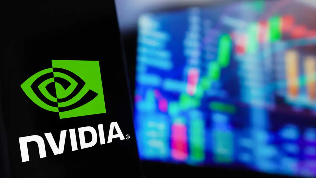 In this photo illustration, the Nvidia Corporation logo is displayed on a smartphone screen, with a graphic representation of the stock market in the background.