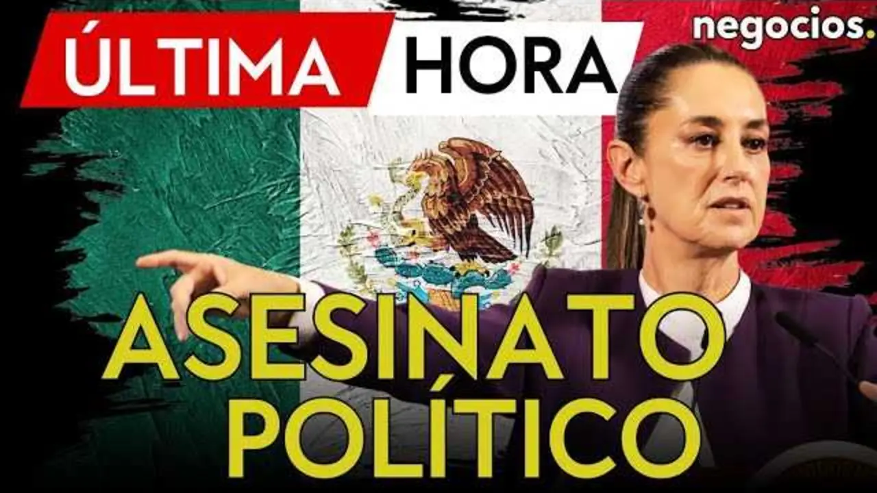 Imagen del canal Negocios TV con el titular relacionado al asesinato del alcalde de Uruapan y la respuesta de Claudia Sheinbaum<br>                        <br>                        <br>                        <br>                      