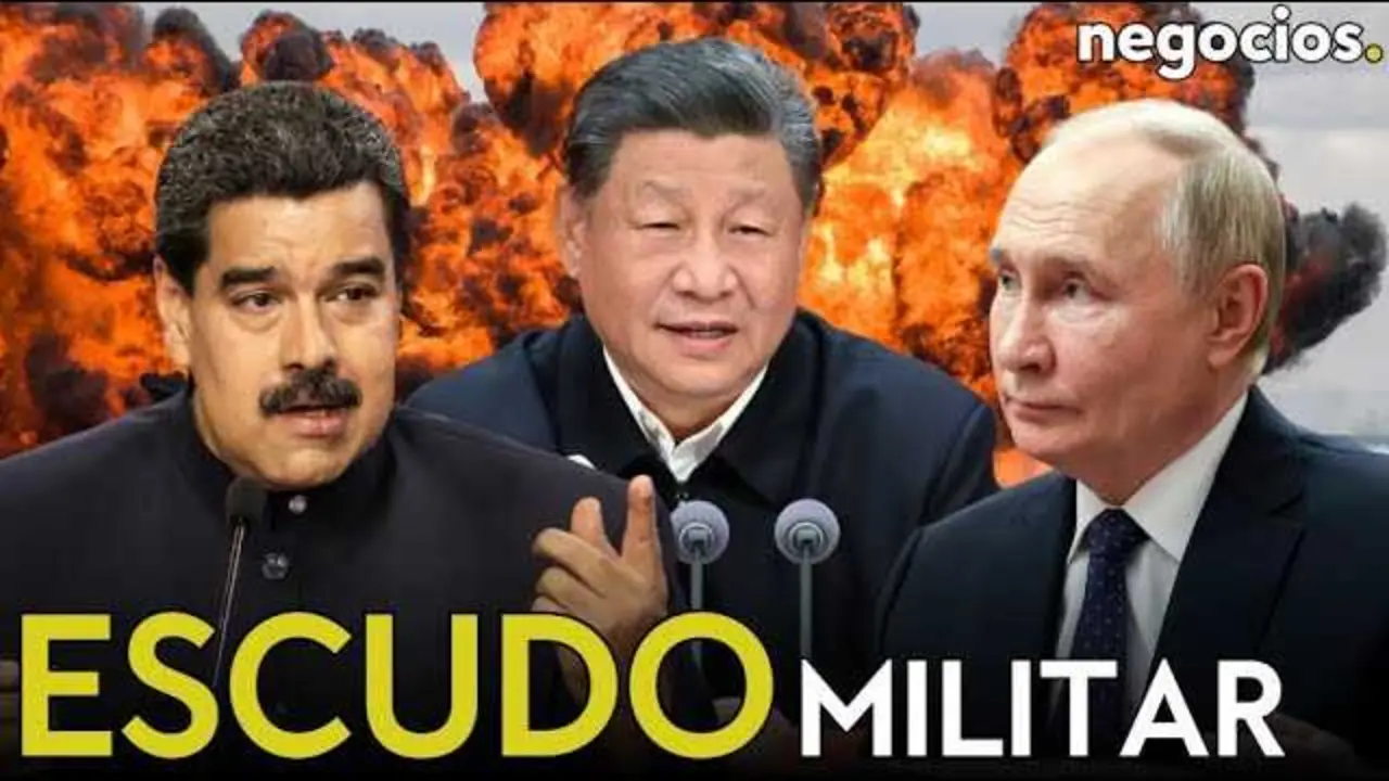 Nicolás Maduro en acto oficial, con imágenes superpuestas de aviones Sukhoi y sistemas de defensa militar.<br>                        <br>                        <br>                        <br>                      