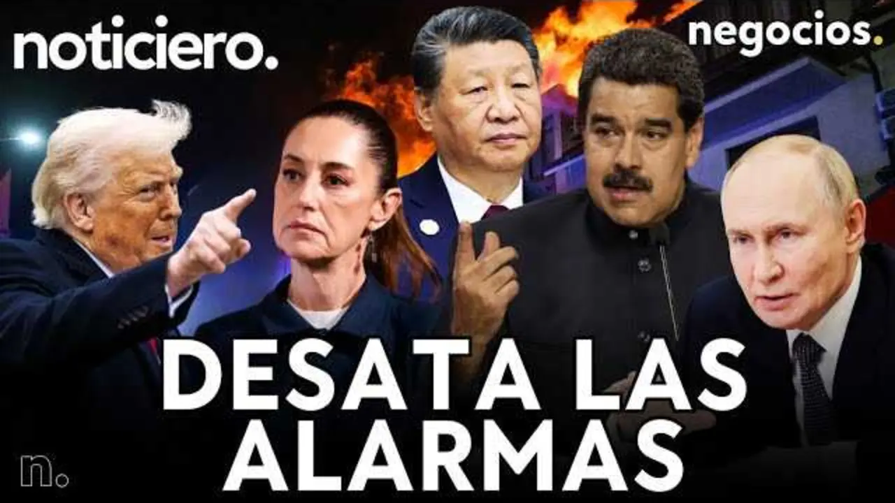 Captura del vídeo de Negocios TV que muestra el mapa con los países involucrados y emblemas militares de EEUU, Rusia, China y México.<br>                        <br>                        <br>                        <br>                      