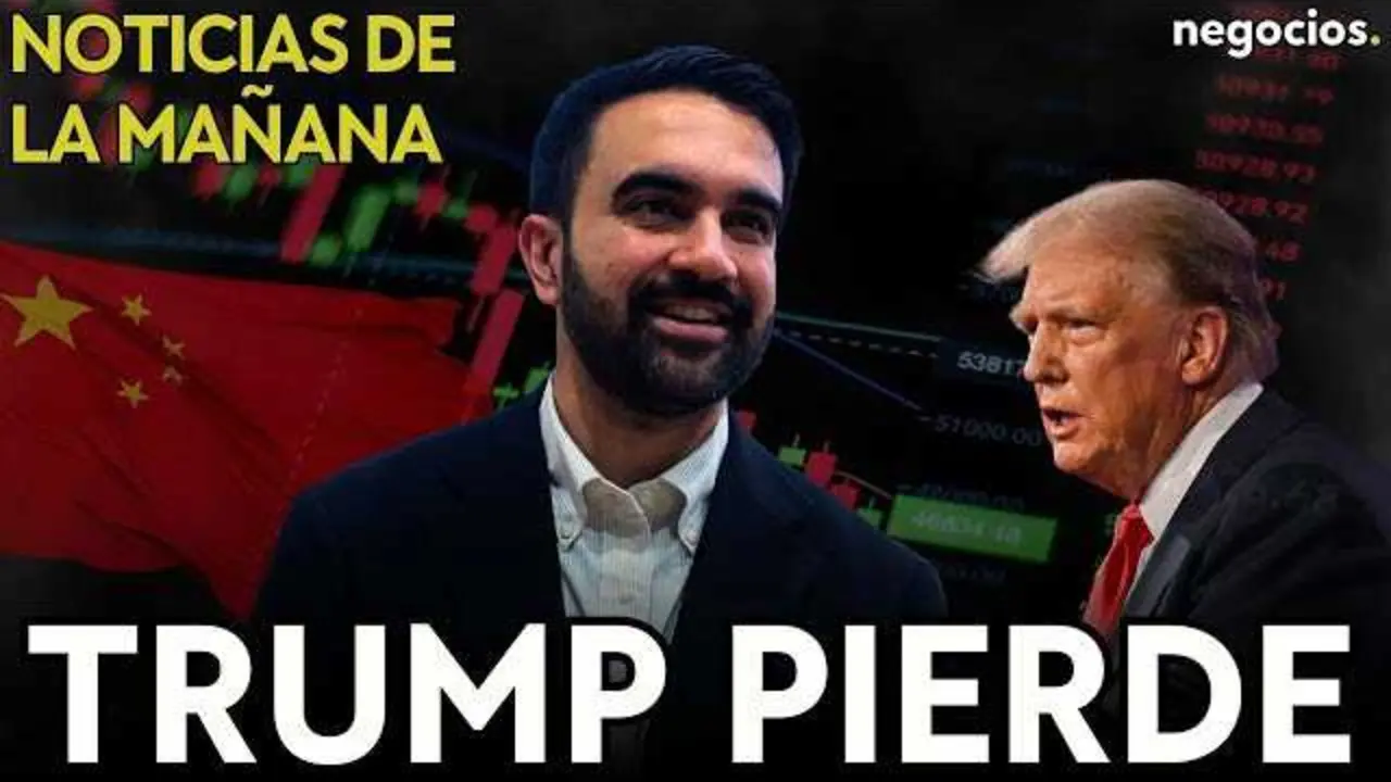 Zohran Mamdani celebrando su victoria electoral frente a la ciudad de Nueva York, con gráficos de bolsa y símbolos de comercio internacional de fondo.<br>                        <br>                        <br>                        <br>                      