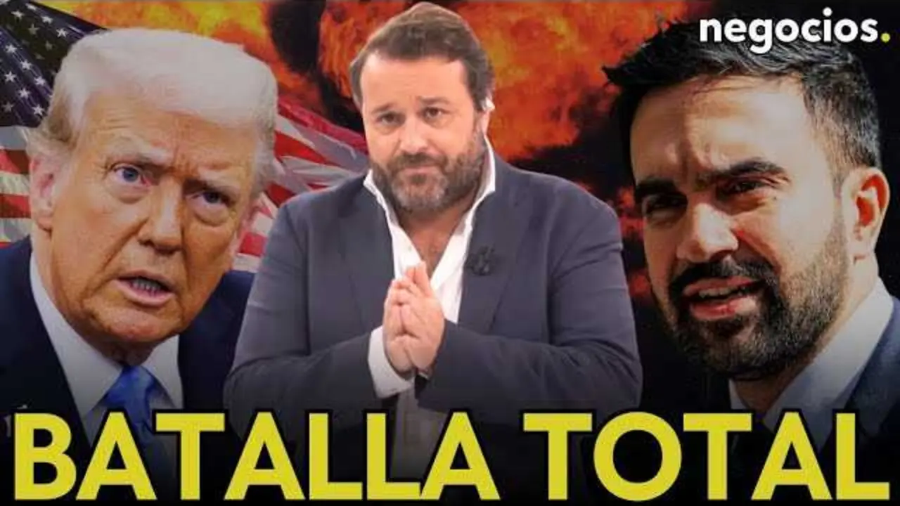 Zohran Mamdani, joven alcalde de Nueva York, da un discurso desafiante contra Donald Trump con la ciudad de fondo.<br>                        <br>                        <br>                        <br>                      