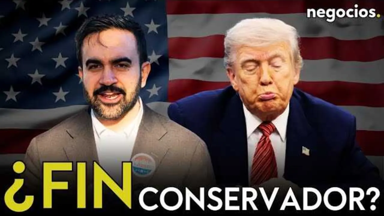 Captura del vídeo de Negocios TV mostrando un mapa electoral de Estados Unidos con énfasis en Virginia y Nueva Jersey<br>                        <br>                        <br>                        <br>                      