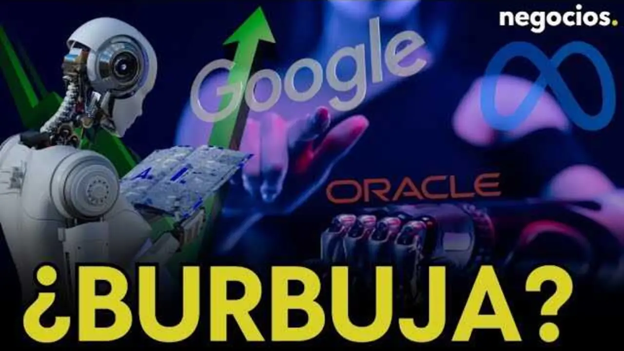 Logotipos de Meta, Google, Oracle y Microsoft superpuestos con gráficos financieros y datos de mercado al fondo.<br>                        <br>                        <br>                        <br>                      
