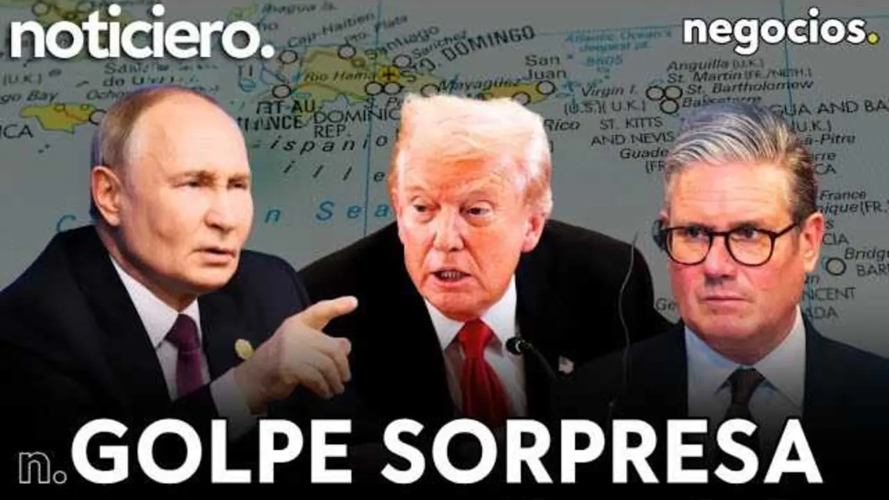 Captura del vídeo que muestra las banderas de Reino Unido, Estados Unidos, Rusia y China junto al mapa del Caribe y América Latina, simbolizando la compleja red de tensiones internacionales.<br>                        <br>                        <br>                        <br>                      