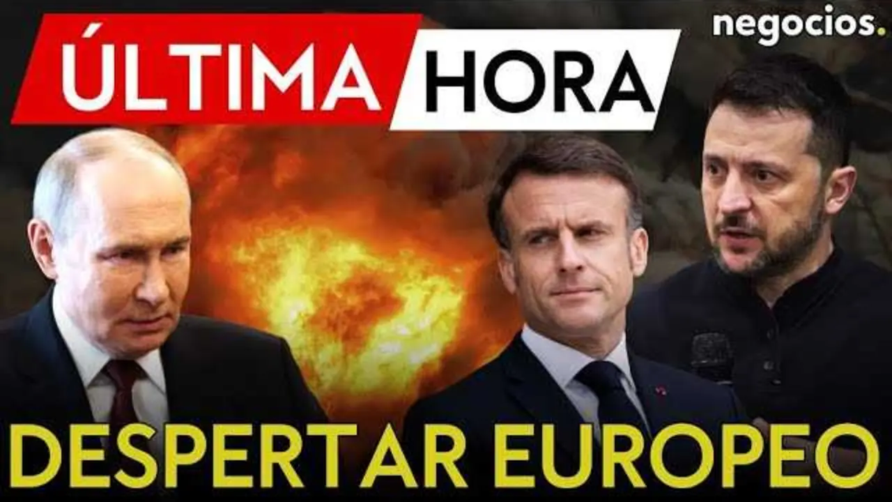 Macron durante una conferencia, con fondo europeo, haciendo un llamado a Europa sobre la guerra en Ucrania<br>                        <br>                        <br>                        <br>                      