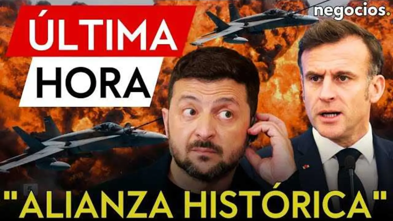 Fotografía oficial de la reunión entre Volodímir Zelensky y Emmanuel Macron en París, con el fondo de banderas francesas y ucranianas.<br>                        <br>                        <br>                        <br>                      