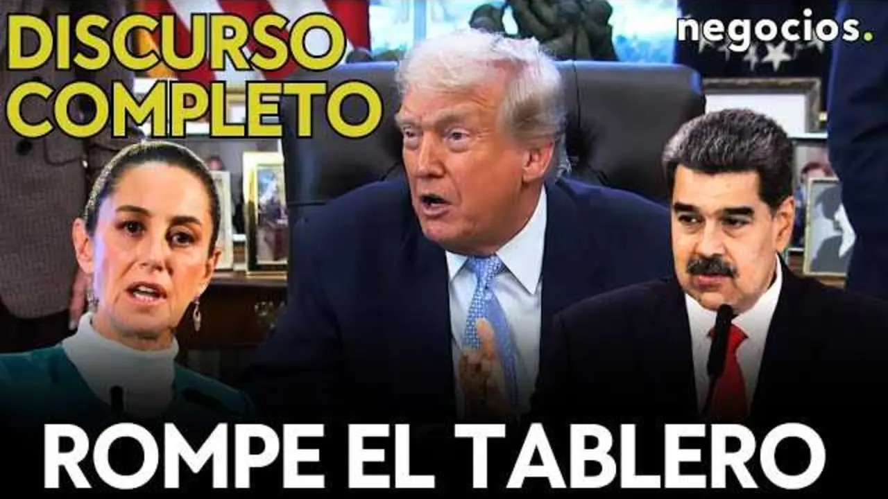 Portada del video que muestra a Donald Trump con un fondo de mapas geopolíticos y símbolos de aranceles, destacando la tensión en México y Venezuela.<br>                        <br>                        <br>                        <br>                      