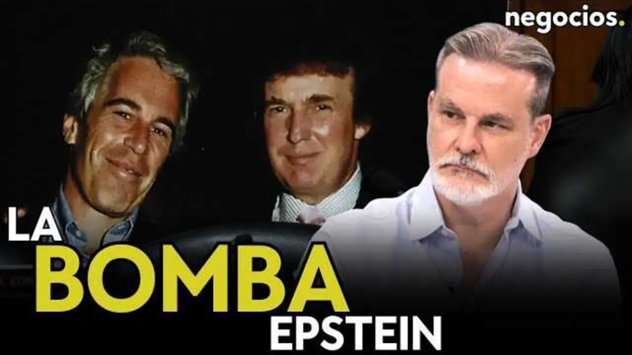 Captura de pantalla del vídeo de Negocios TV mostrando el análisis sobre Donald Trump y el caso Epstein.<br>                        <br>                        <br>                        <br>                      