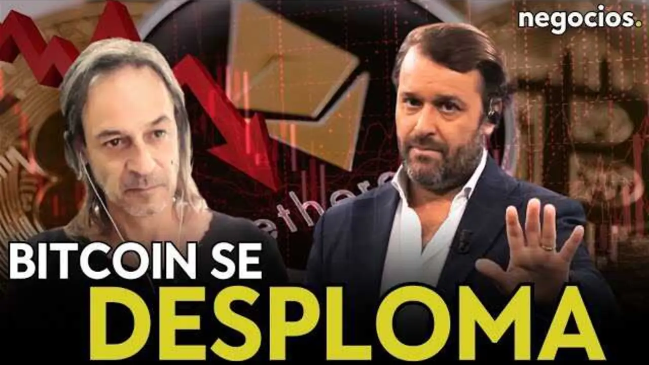 Gráfico que muestra la caída simultánea de Bitcoin, Ethereum y el índice NASDAQ con fondo tecnológico representando la inteligencia artificial.<br>                        <br>                        <br>                        <br>                      