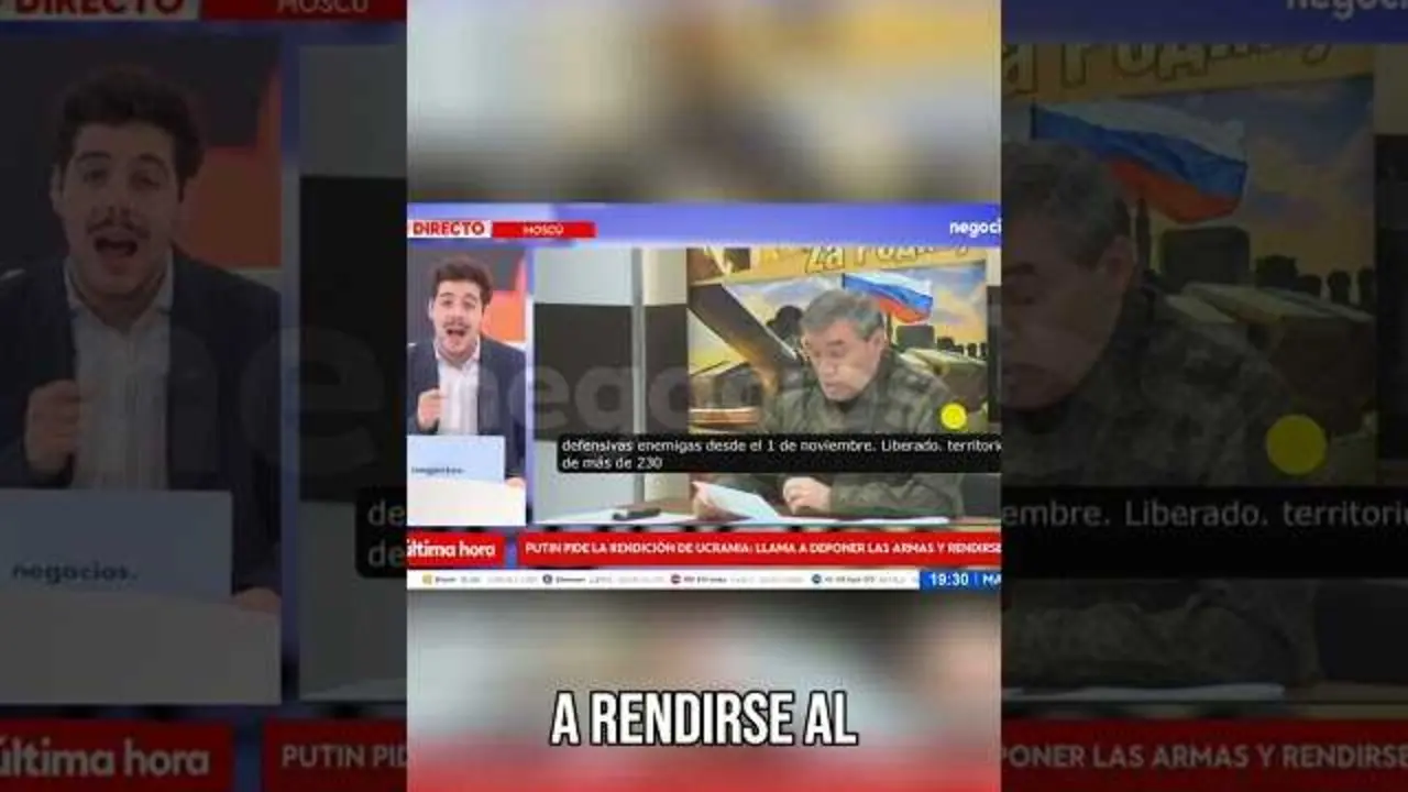 Vladimir Putin durante un discurso, con una bandera rusa de fondo.<br>                        <br>                        <br>                        <br>                      