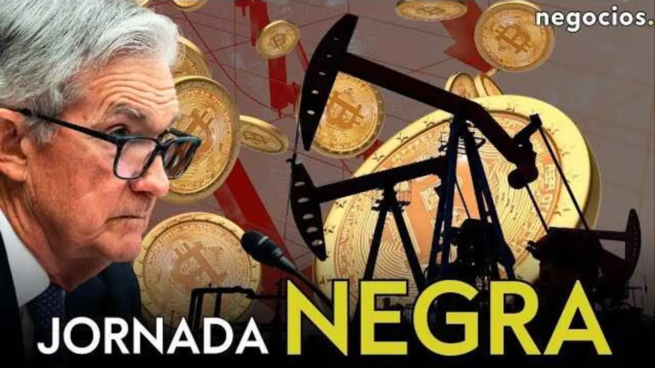 Captura del vídeo en Negocios TV que ilustra la situación volátil de los mercados, con gráficos representando la caída de Bitcoin y el petróleo.<br>                        <br>                        <br>                        <br>                      