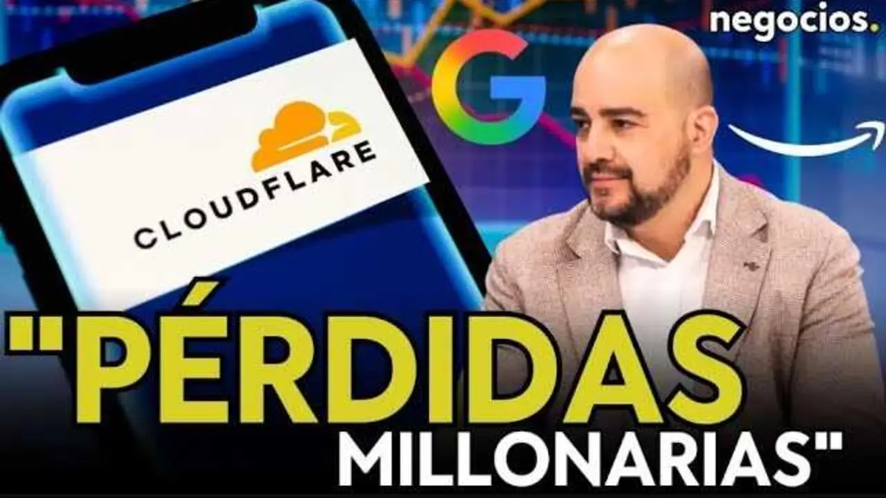 Captura del vídeo de Negocios TV con gráfico explicativo del fallo masivo en Cloudflare que afectó servicios clave de internet.<br>                        <br>                        <br>                        <br>                      