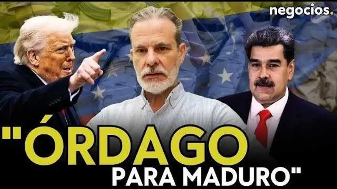 Imagen que muestra el rostro serio de Donald Trump con fondo de bandera estadounidense sobrepuesta a un mapa difuminado de Venezuela.<br>                        <br>                        <br>                        <br>                      