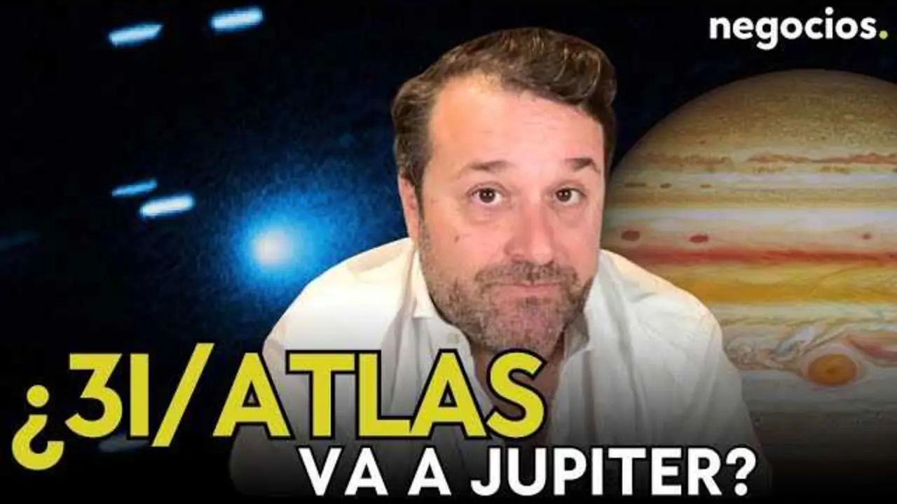 Imagen del objeto interestelar 3I/Atlas captado en una infografía científica junto a Júpiter y su sistema de lunas.<br>                        <br>                        <br>                        <br>                      