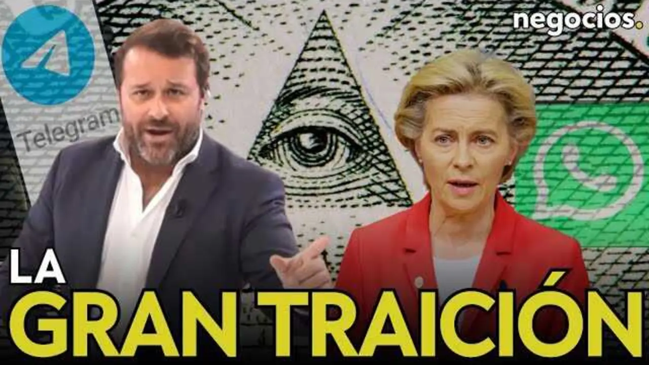 Miniatura del video que muestra el logotipo de Negocios TV y un texto alusivo a la gran traición de las élites en Europa sobre la ley de control de chats.<br>                        <br>                        <br>                        <br>                      