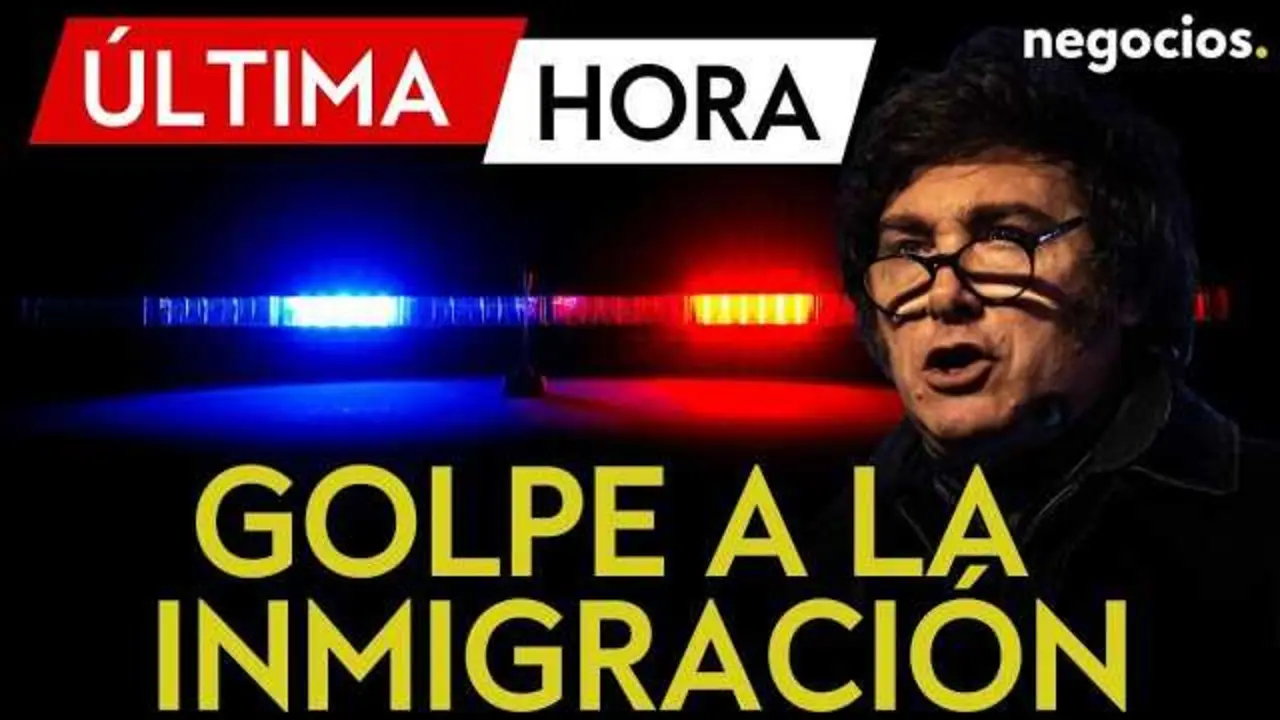 Imagen del canal Negocios TV mostrando a Javier Milei con elementos gráficos alusivos a la migración y el control de fronteras<br>                        <br>                        <br>                        <br>                      